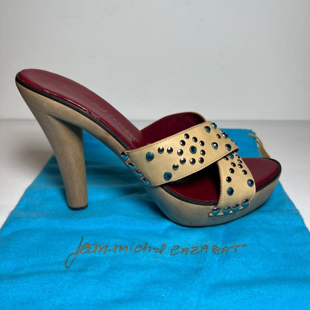Jean-Michel Cazabat Platform Sandals Tan Leather Rhinestone 5 Inch Heel Size 7.5